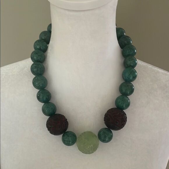 Vintage Chinese Shou Carved Aventurine Necklace, Big Green Beaded - Picture 1 of 5
